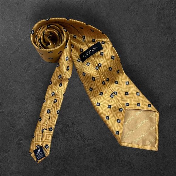 Nautica Men's Yellow + Blue Geometric 100% Silk Professional Tie - Picture 3 of 3